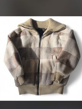 Macintosh Zip-Up Knit Sweater Jacket in Beige & Brown